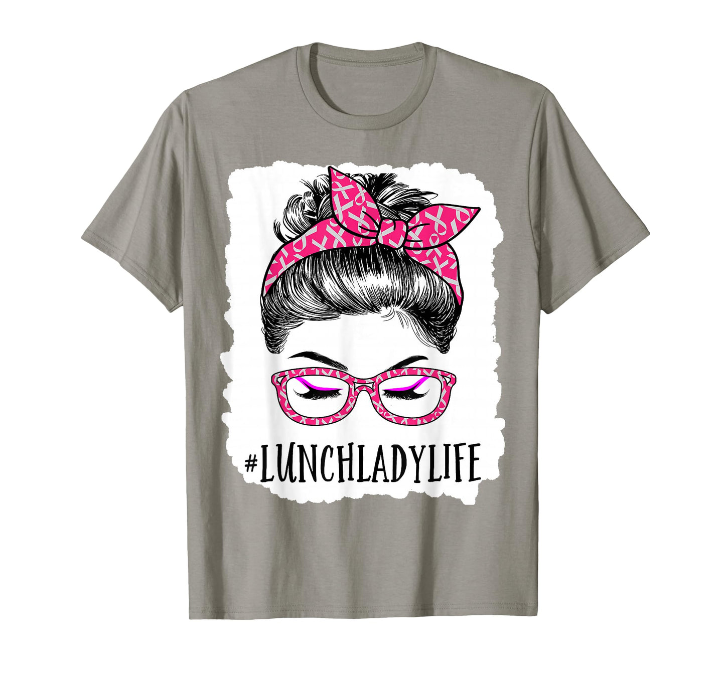 Lunch Lady In October We Wear Pink Messy Bun Cancer T-Shirt