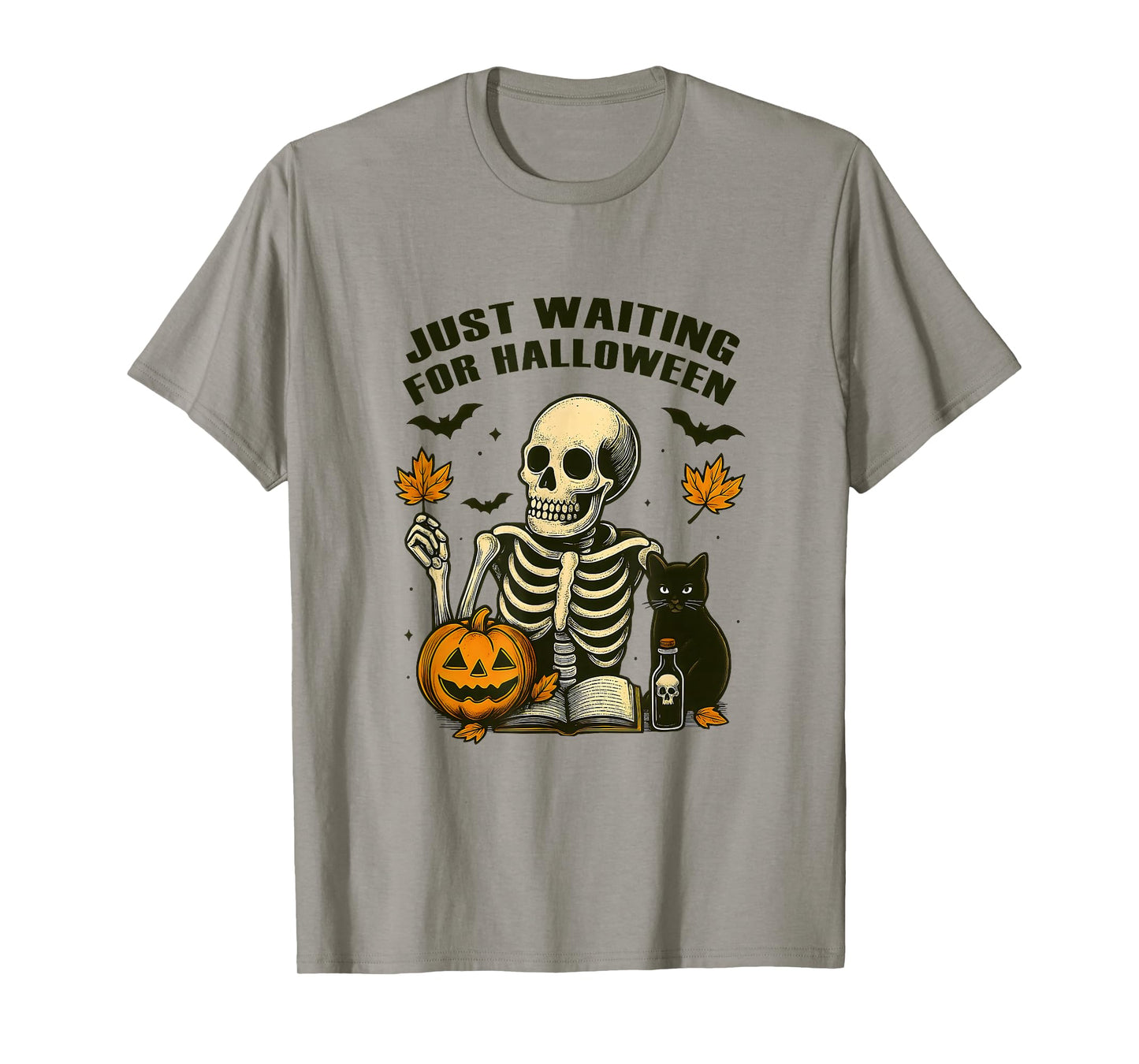 Just Waiting for Halloween Spooky Skeleton Pumpkin with Cat T-Shirt