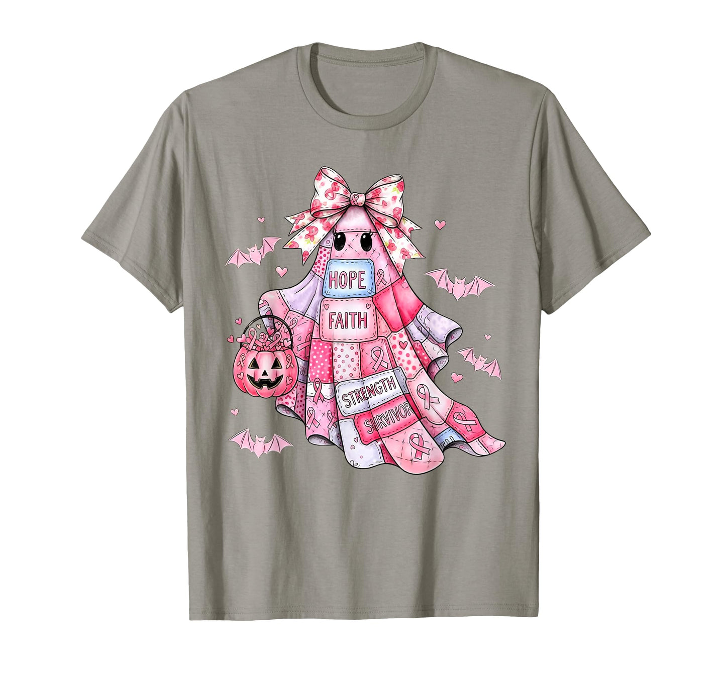 Patchwork Coquette Bow Breast Cancer Ghost Halloween Denim T-Shirt