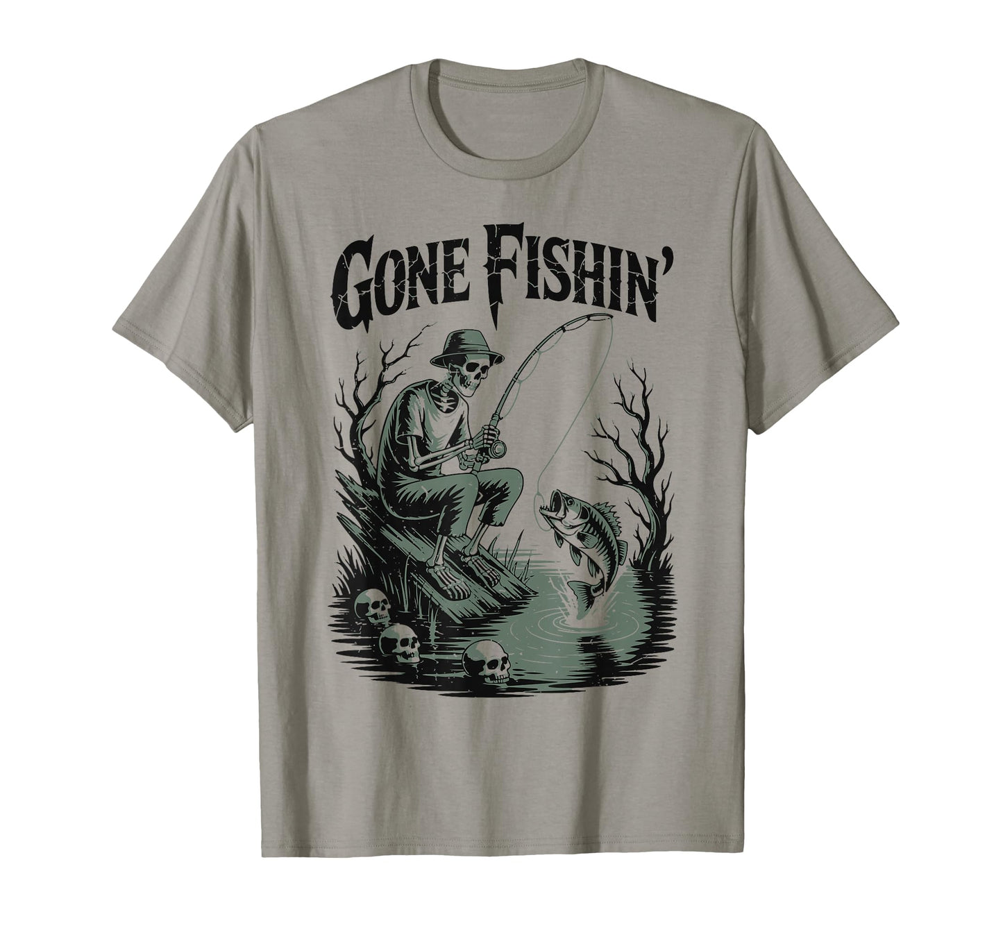 Gone Fishing Skeleton Halloween Bass Fish Funny Fisherman T-Shirt