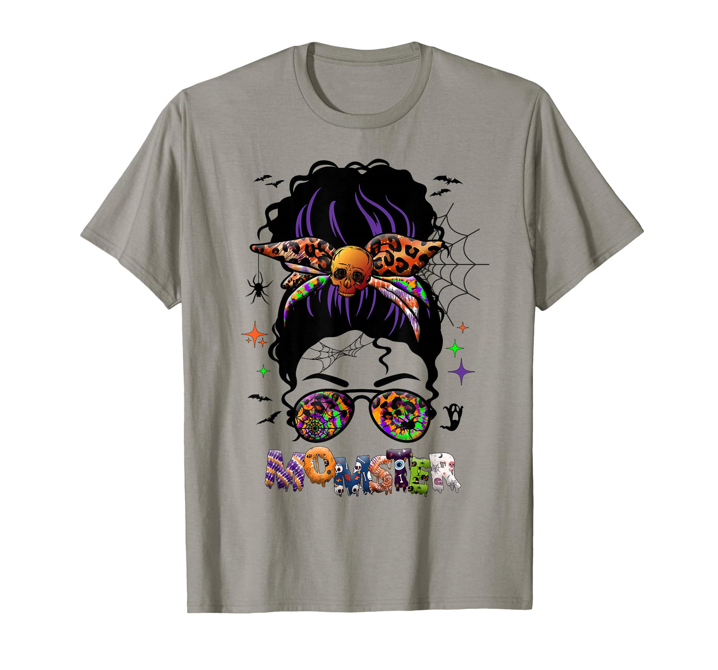 Momster Messy Bun Tie Dye Leopard Skull Halloween Costume T-Shirt