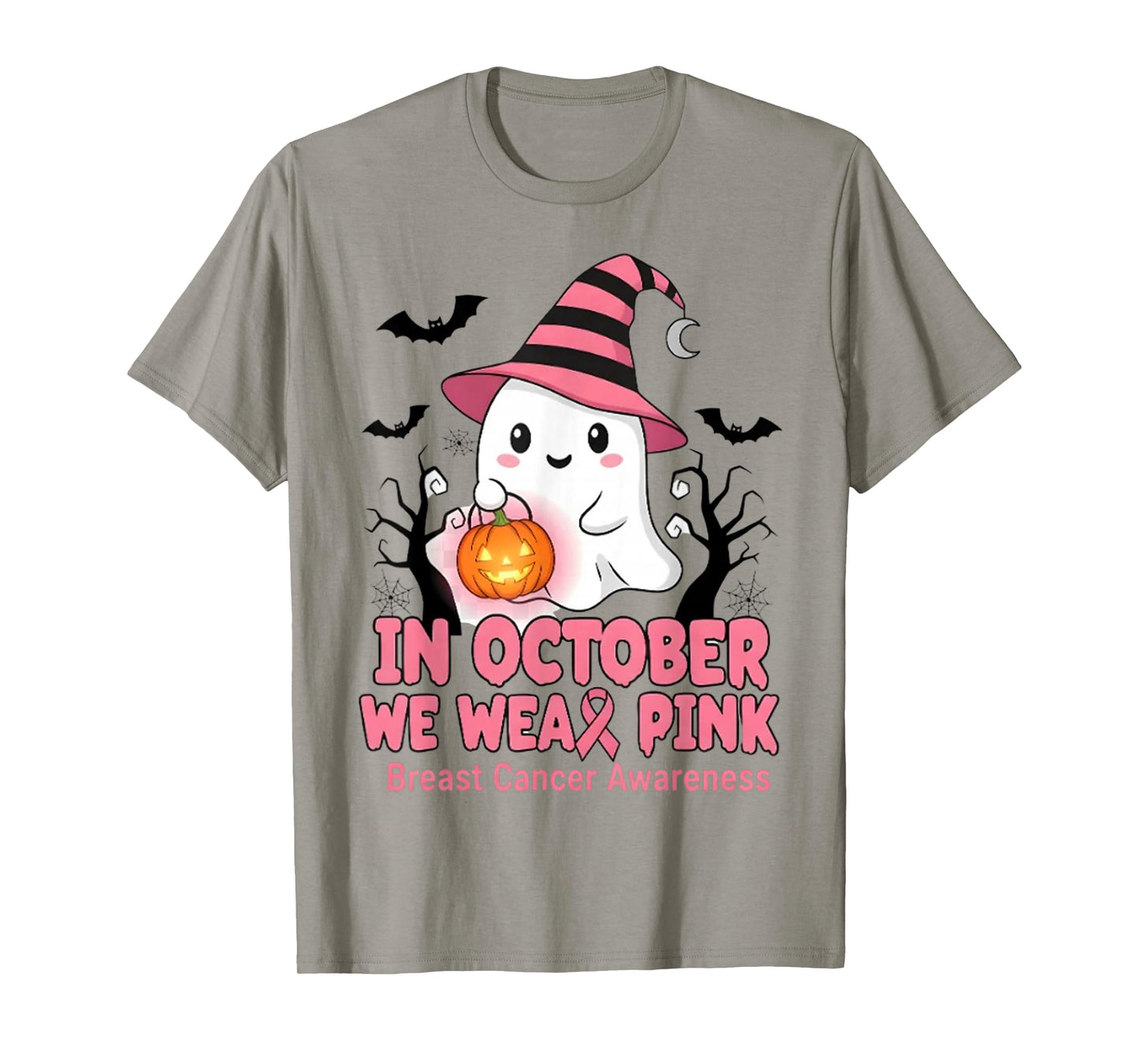 in October We Wear Pink Ghost Witch Breast Cancer Awareness T-Shirt