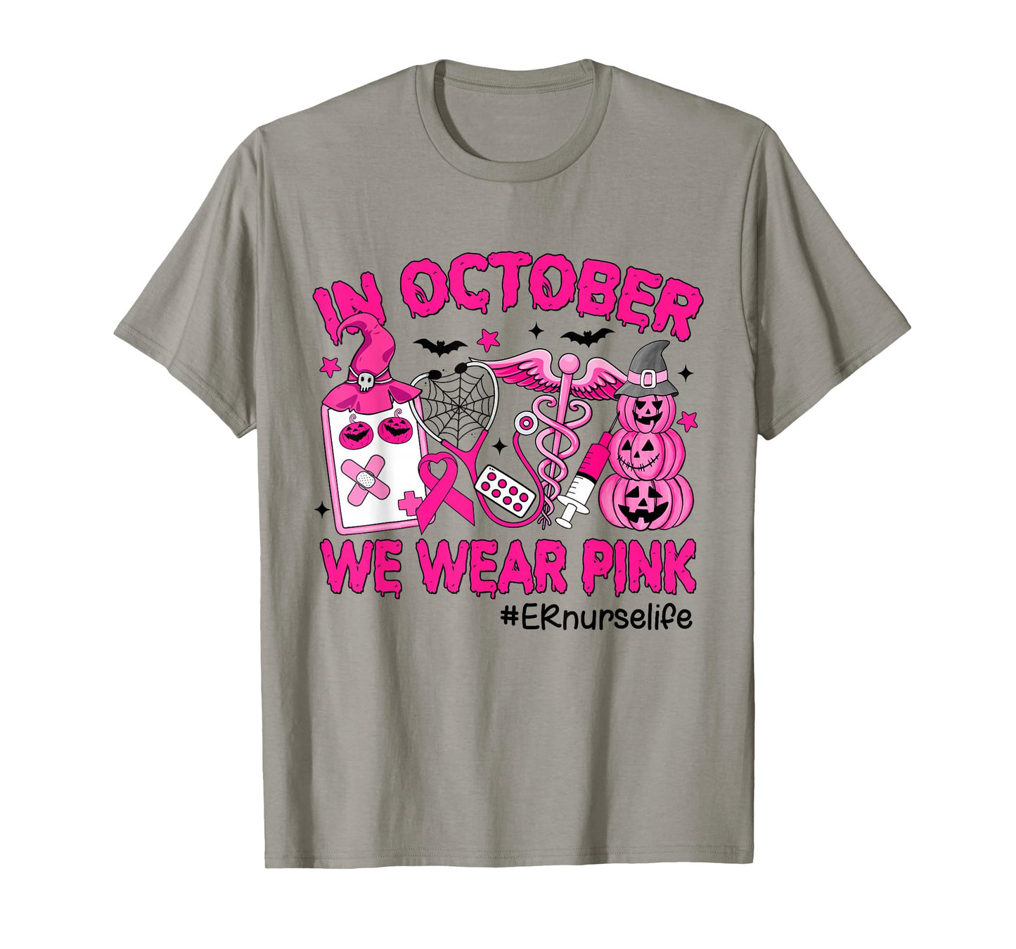 in October We Wear Pink ER Nurse Life Breast Cancer T-Shirt