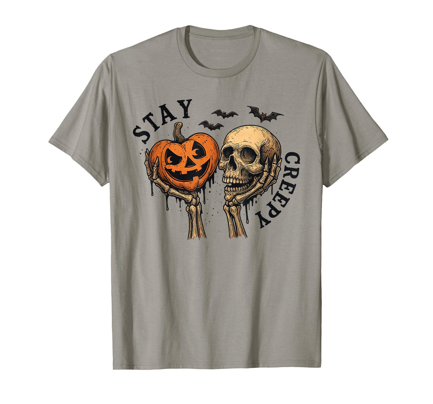 Horrnor Retro Stay Creepy Skeleton Pumpkin Spooky Halloween T-Shirt