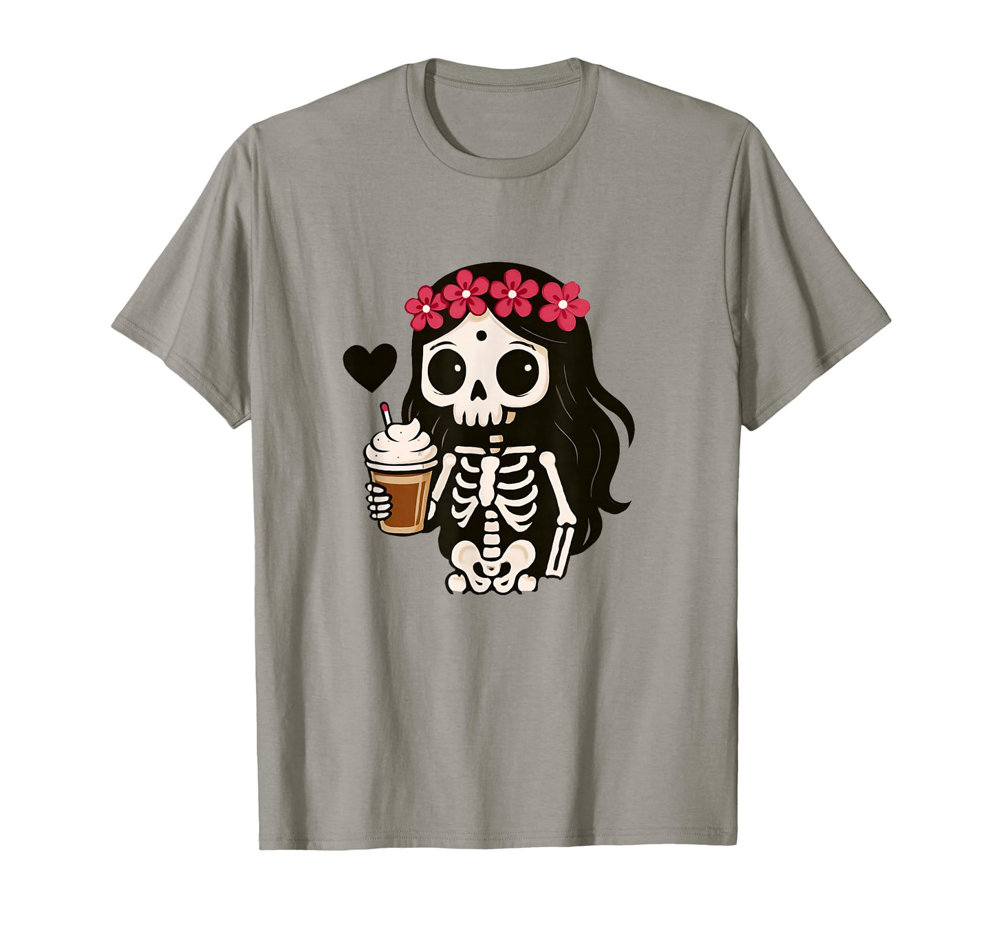 Skeleton Girl Drinking Coffee Peace Sign Graphic for Women T-Shirt