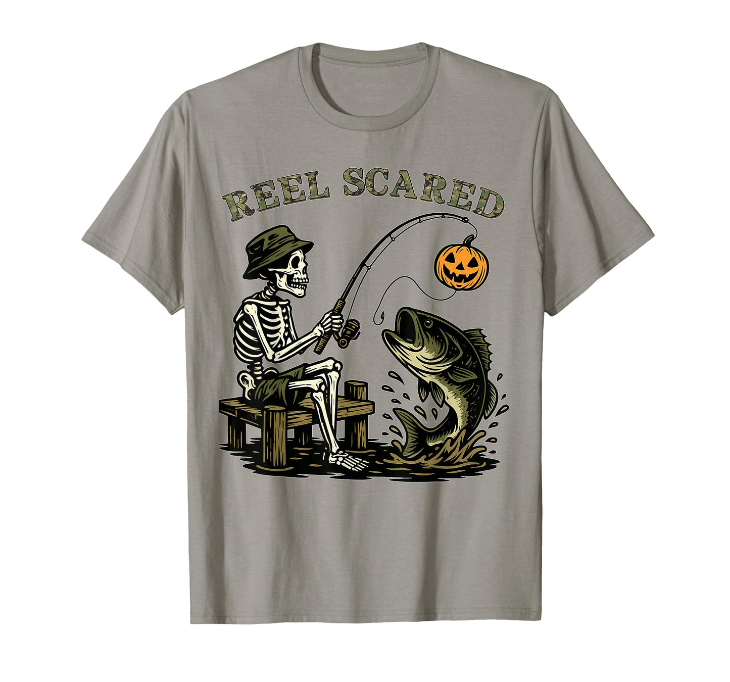 Reel Scared Camo Halloween Fishing Bass Skeleton Fisherman T-Shirt