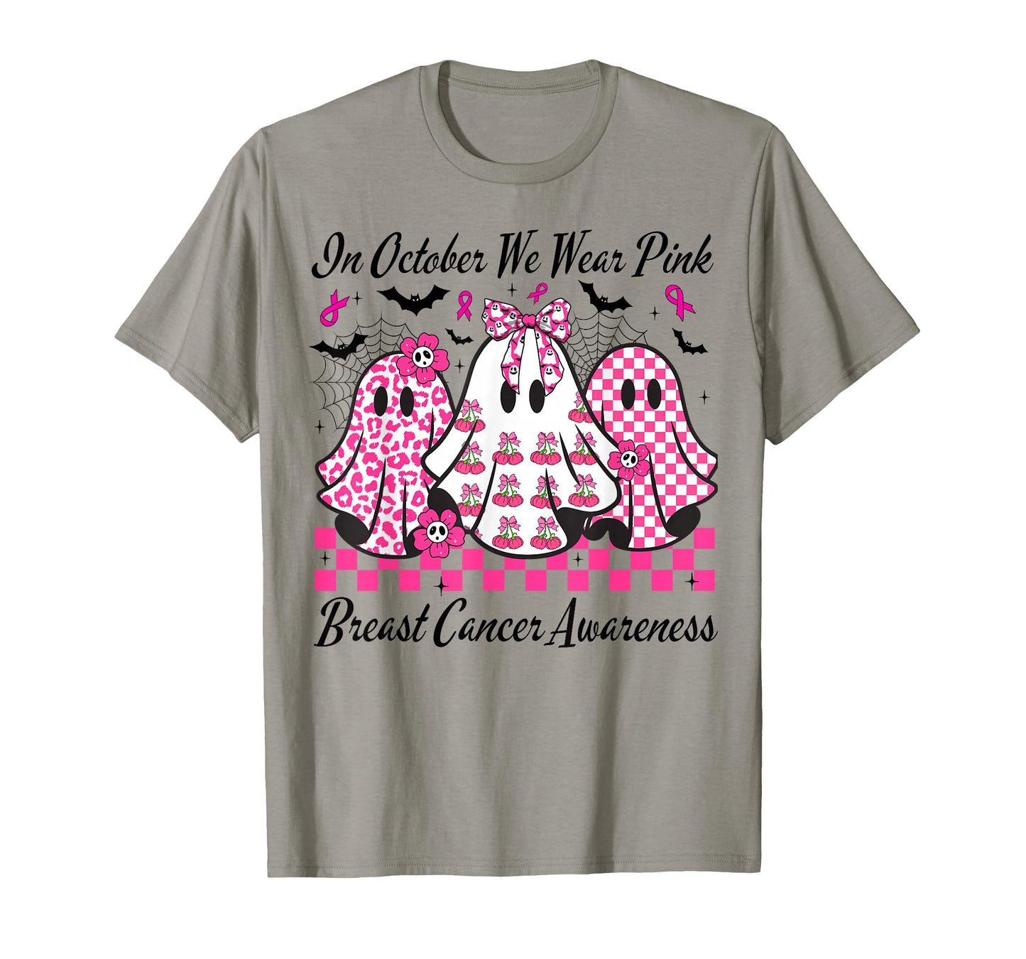 in October We Wear Pink Breast Cancer Awareness Cute Ghost T-Shirt