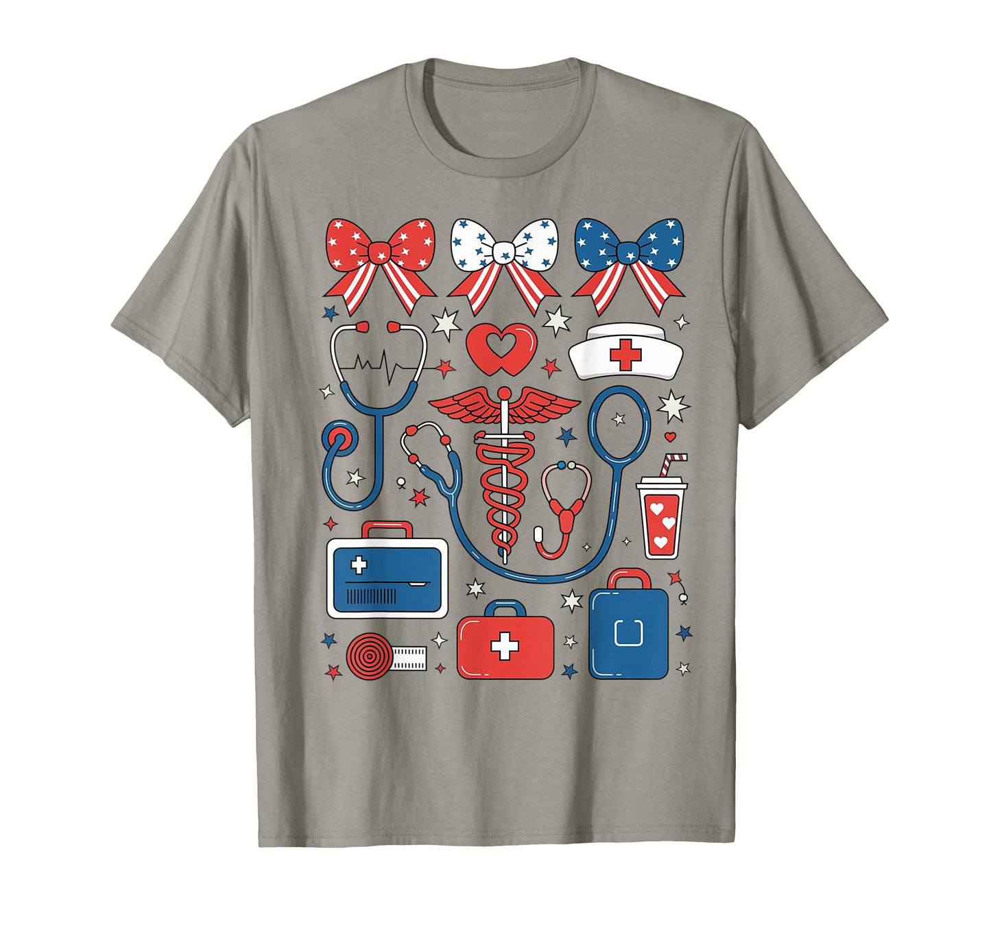 Coquette Bow 4th Of July Nurse Nursing USA Flag Stethoscope T-Shirt
