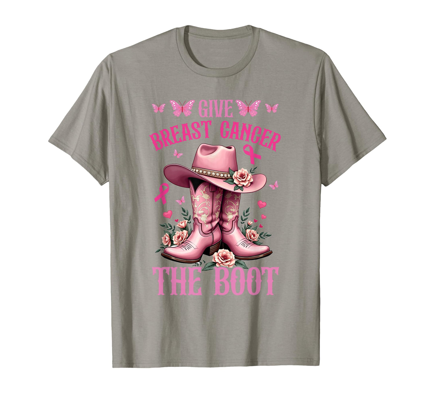 Give Breast Cancer The Boot Cowgirl Cancer Awareness Ribbon T-Shirt