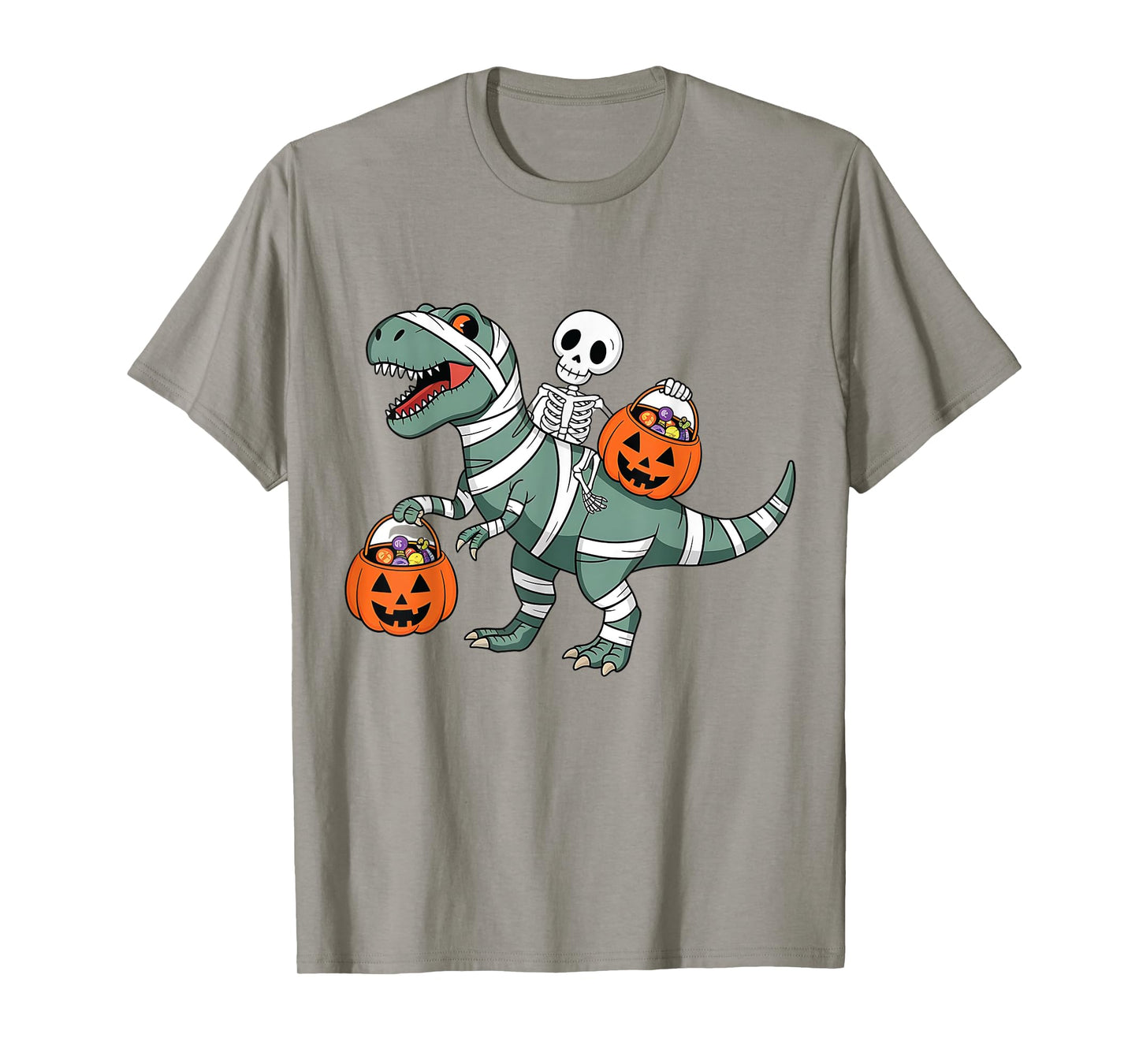 Skeleton Riding Mummy Dinosaur T rex Halloween Funny Pumpkin T-Shirt