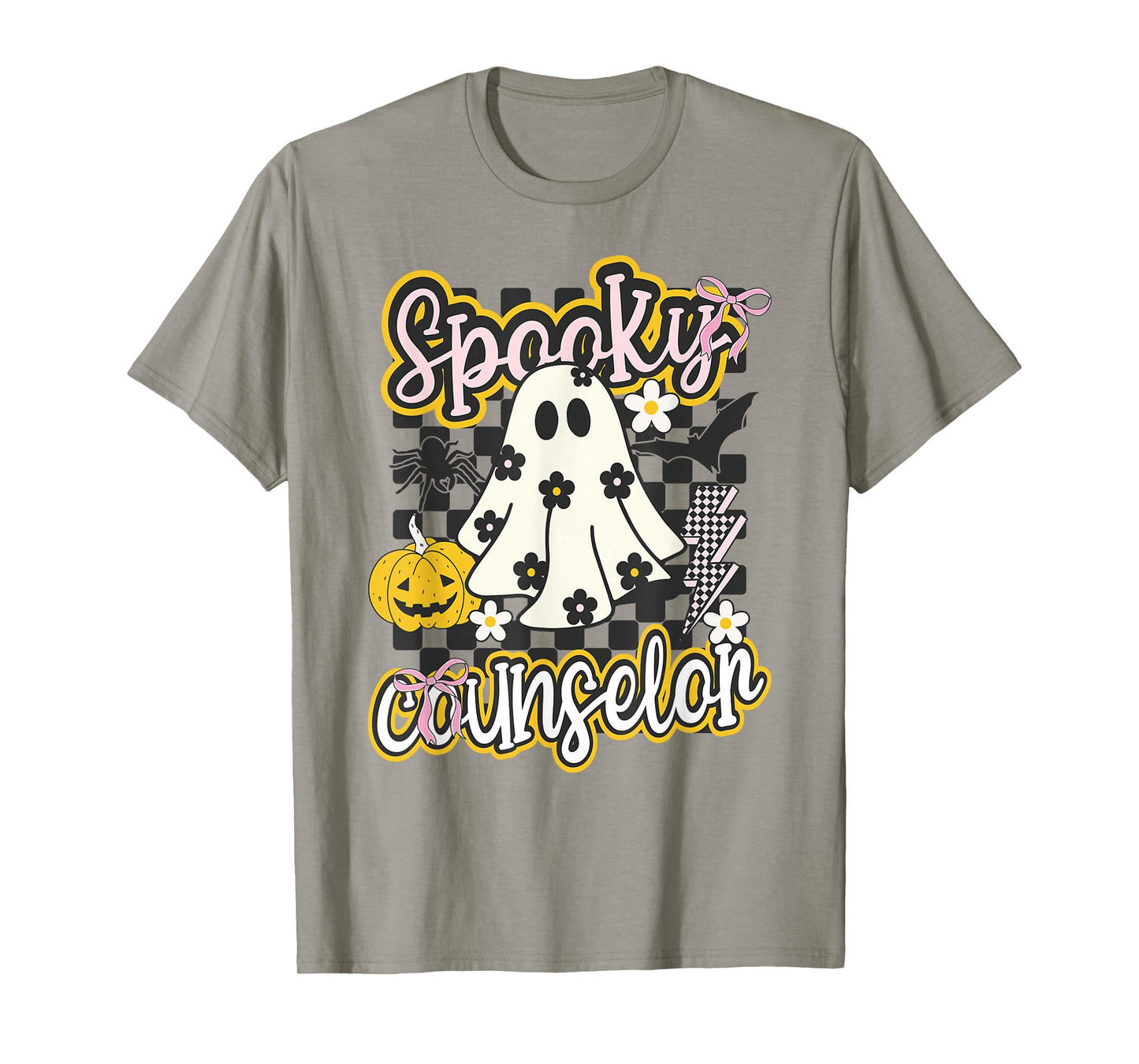 Spooky Counselor Groovy Preppy Halloween Ghost Checkered T-Shirt