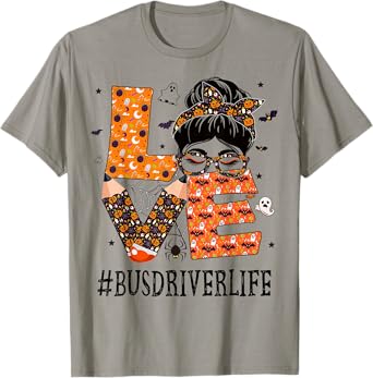 Bus Driver Love Messy Bun Pumpkin Women Halloween Costume T-Shirt