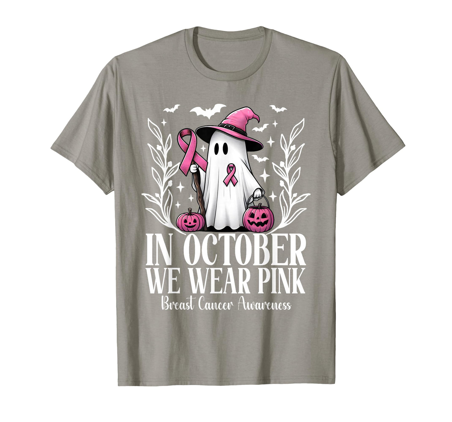 In October We Wear Pink Breast Cancer Ghost Witch Halloween T-Shirt