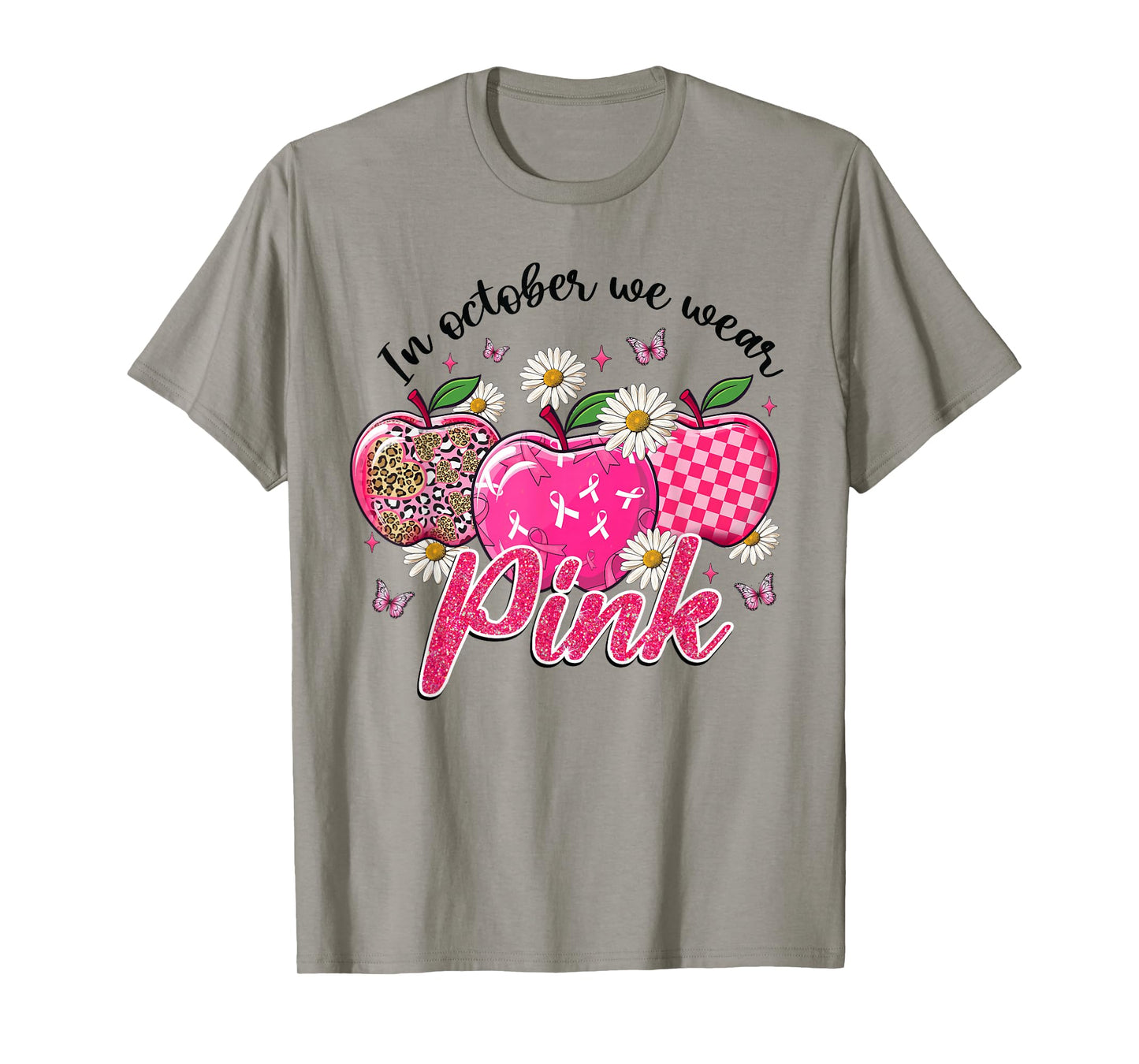 In October We Wear Pink Apple Teacher Daisy Breast Cancer T-Shirt