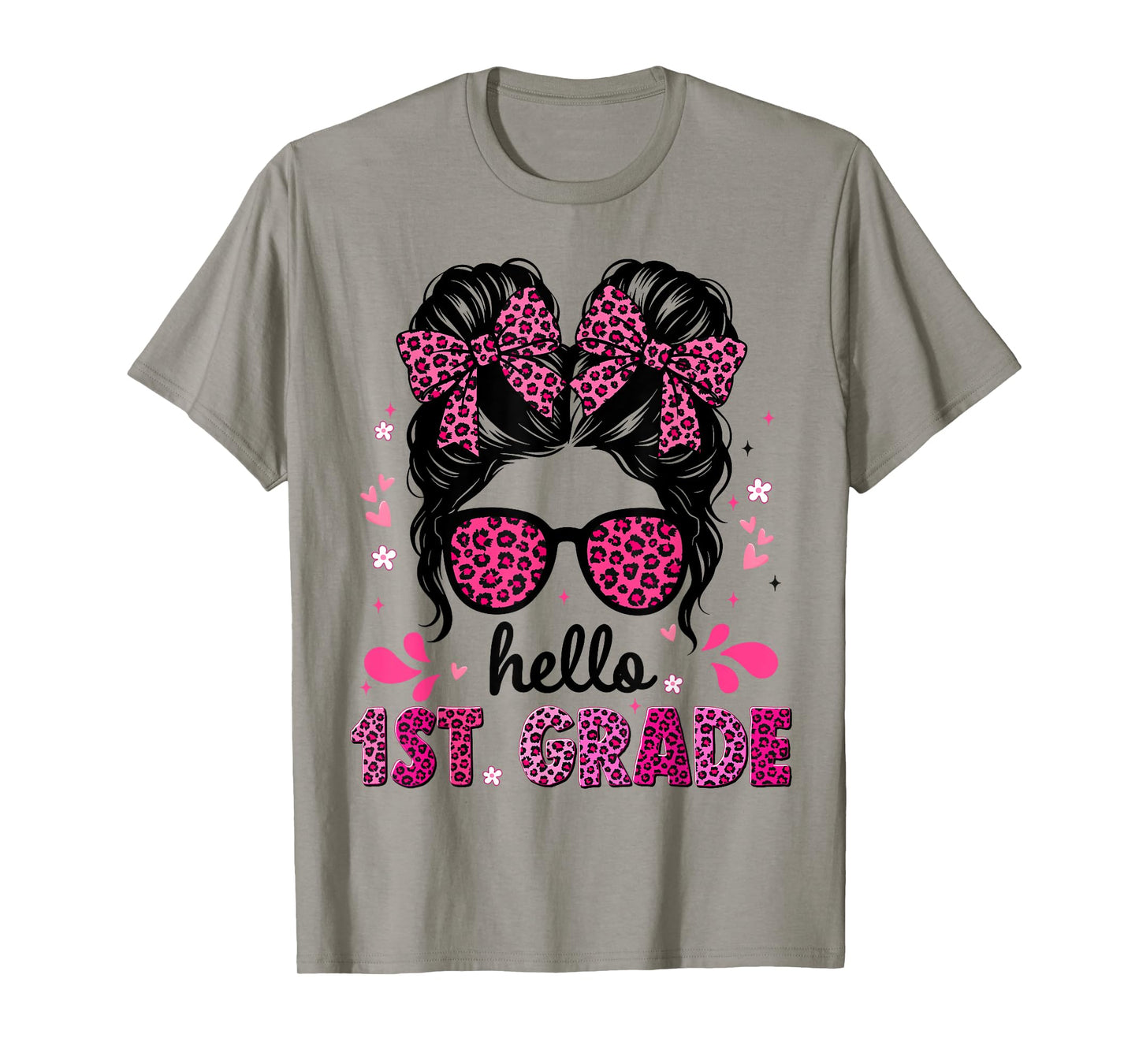 Hello 1st Grade Messy Bun Coquette First Day Of School Girls T-Shirt