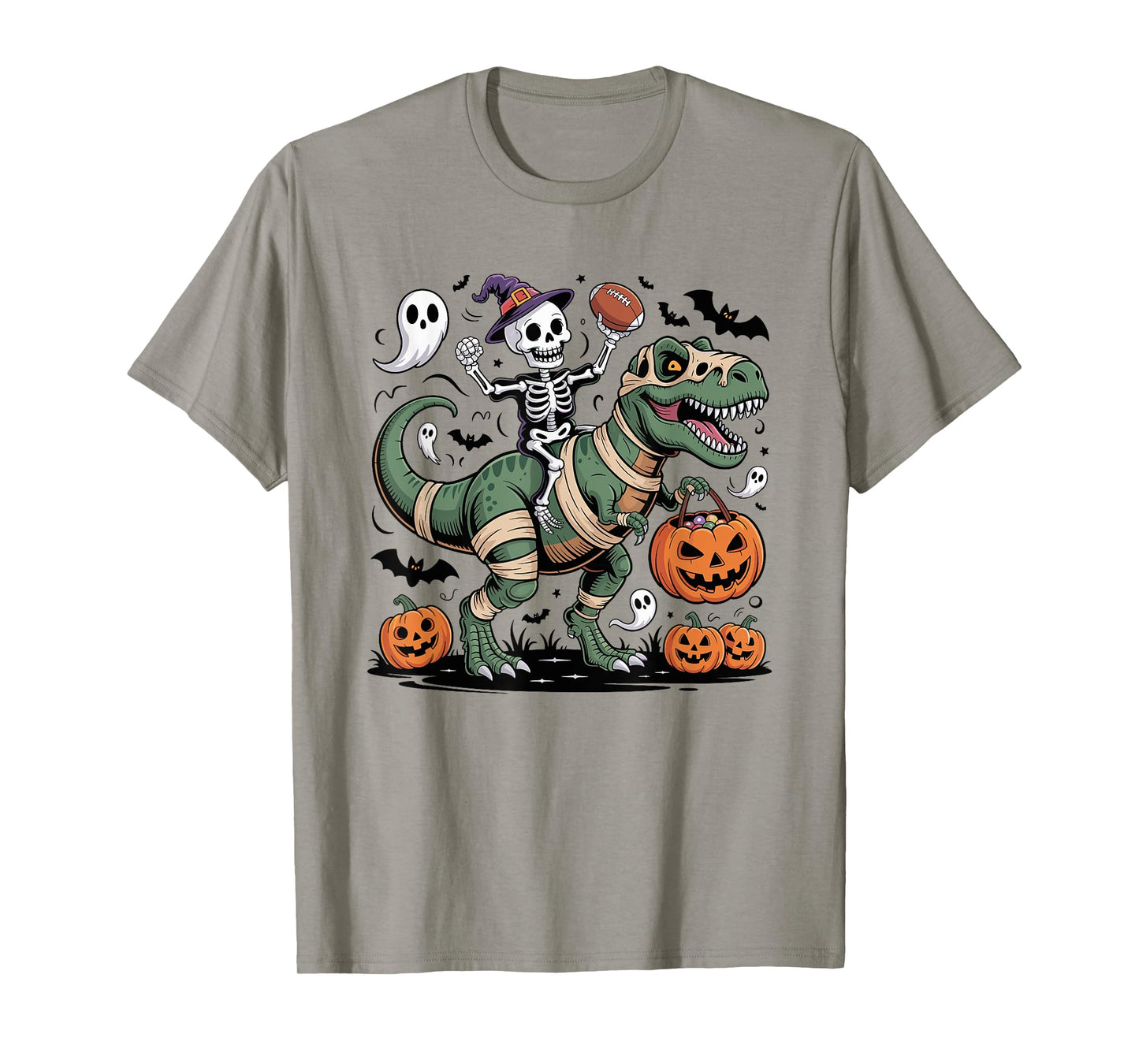 Football Skeleton Riding Mummy Dinosaur T-Rex Halloween Boys T-Shirt