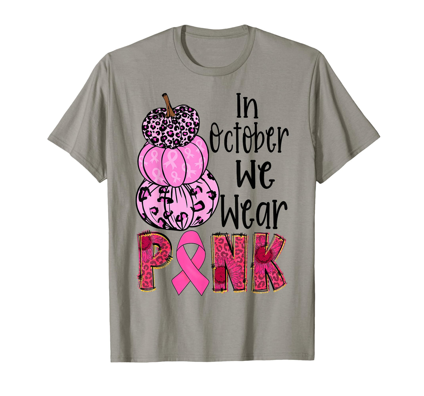 In October We Wear Pink Ribbon Leopard Pumpkin Breast Cancer T-Shirt