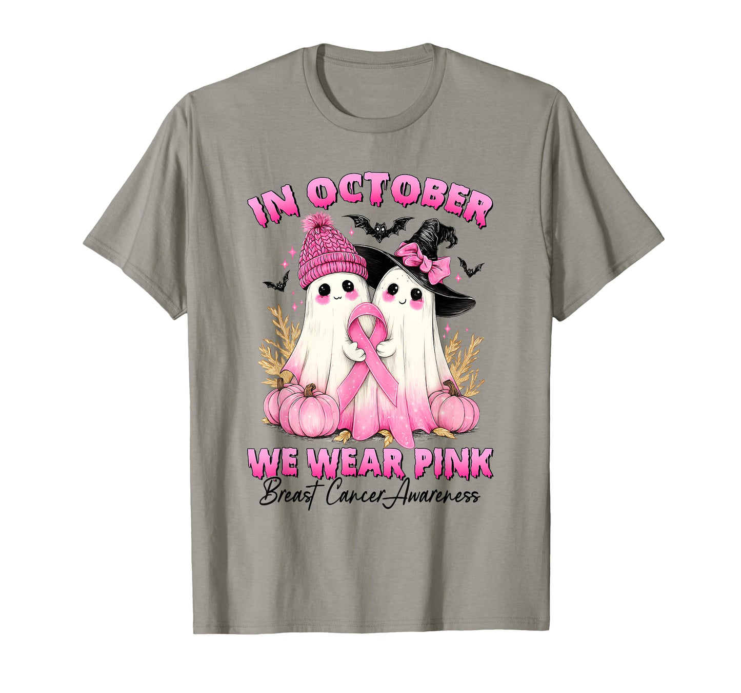 in October We Wear Pink Ghost Witch Breast Cancer Awareness T-Shirt