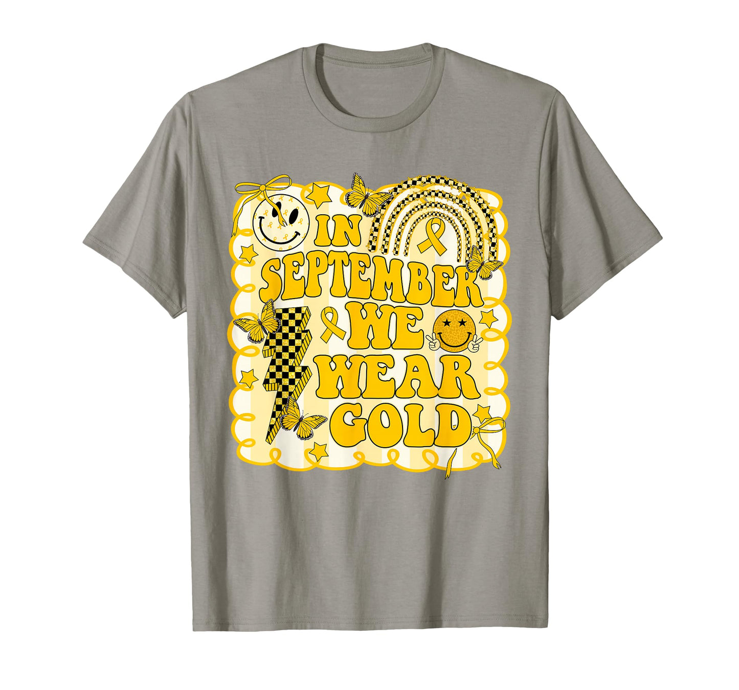in September We Wear Gold Childhood Cancer Rainbow Butterfly T-Shirt