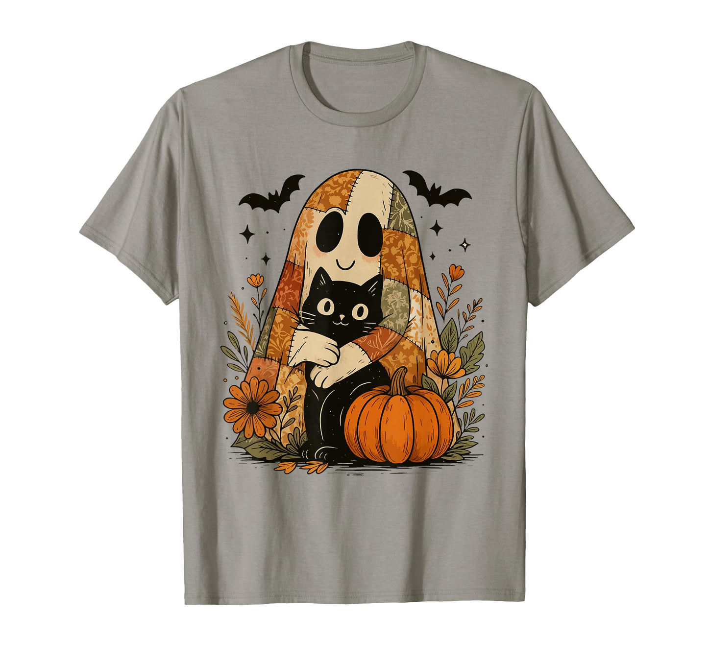 Cute Ghost Hugging Black Cat Halloween - Pumpkin Fall Floral T-Shirt