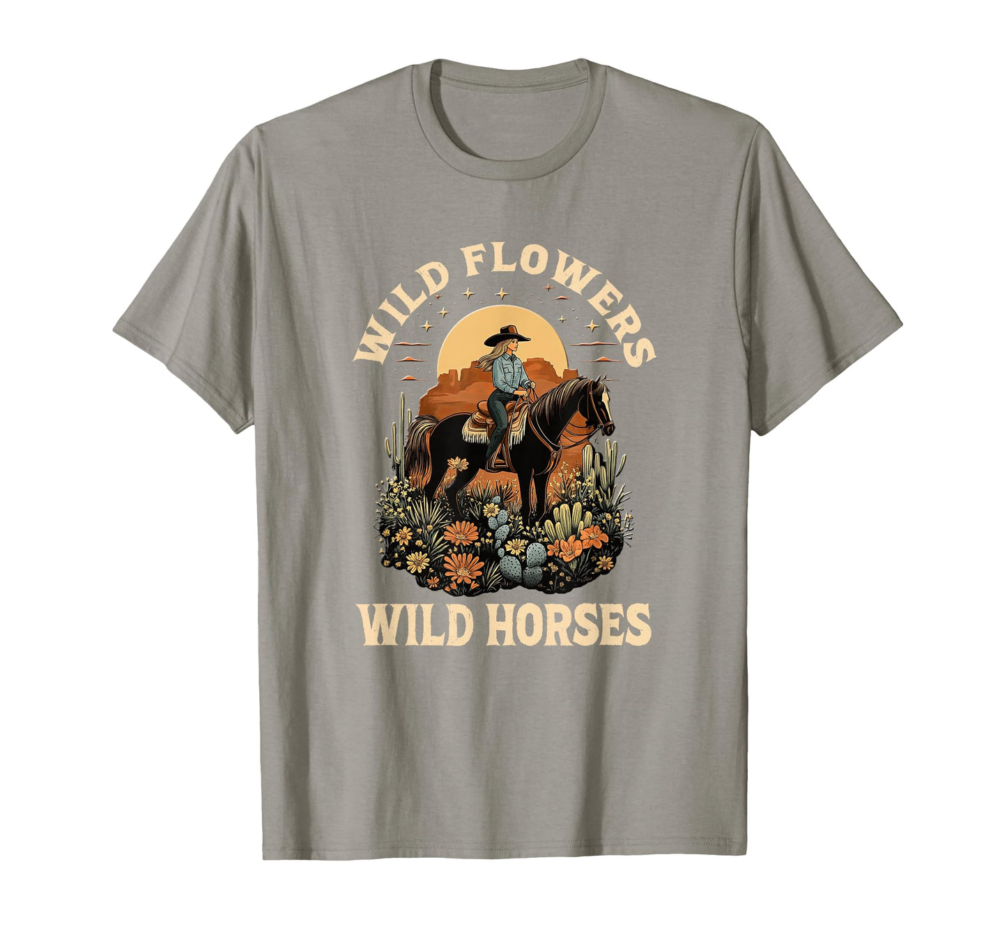 western sunset cowgirl riding horse wild flowers wild horses T-Shirt