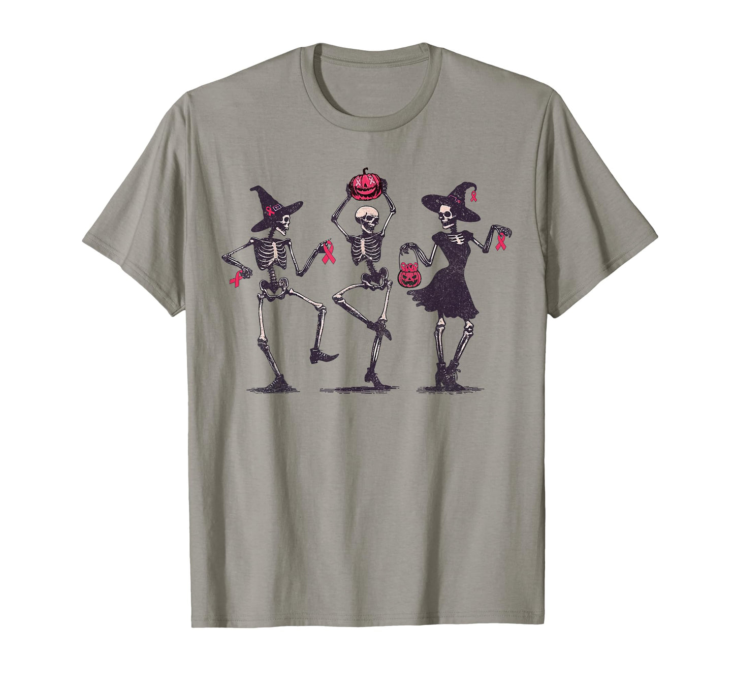 Dancing Skeleton Witch Pink Ribbon Breast Cancer Halloween T-Shirt