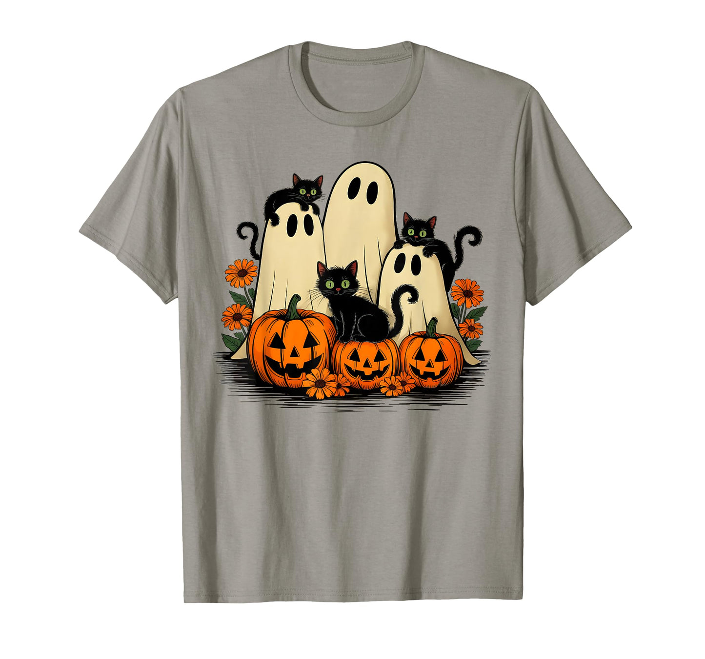 Retro Floral Ghost Coquette Bow Pumpkin Halloween Black Cat T-Shirt