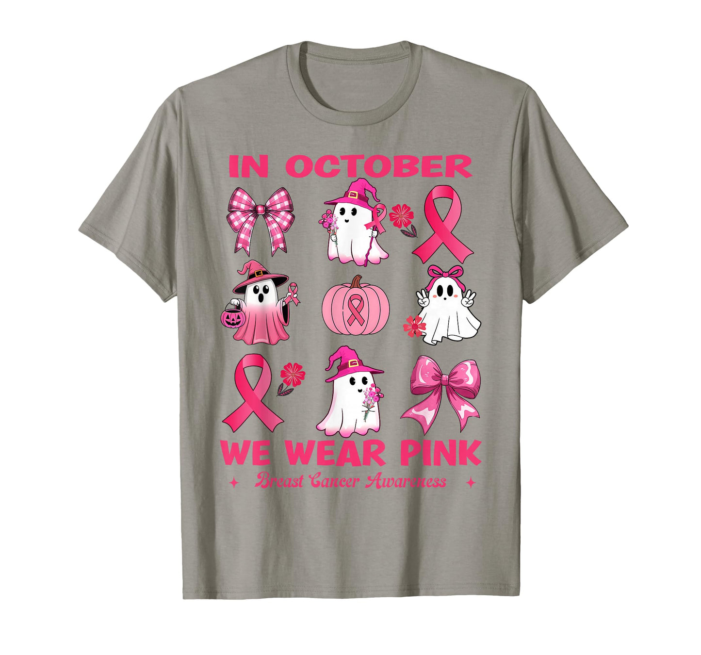 in October We Wear Pink Breast Cancer Cute Ghosts Pumpkin T-Shirt