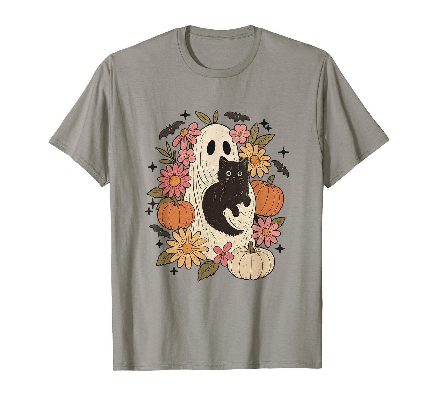 Spooky Vibes Floral Black Cat Ghost Halloween Pumpkin Spooky T-Shirt