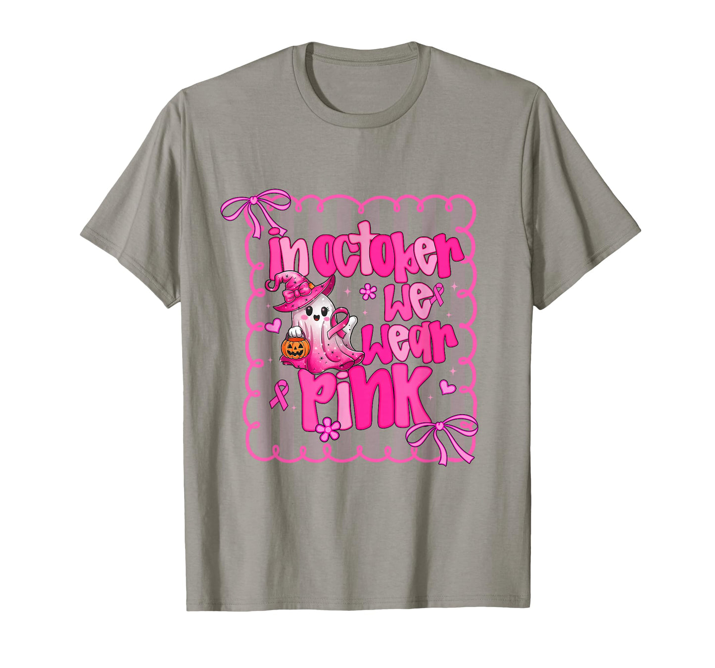 In October We Wear Pink Halloween Ghost Breast Cancer Preppy T-Shirt