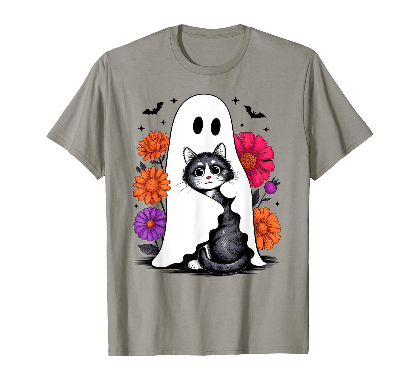 Funny Ghost Holding Black Cat Spooky Halloween Cat Lover T-Shirt