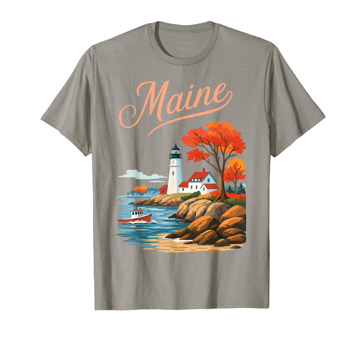 Maine Lighthouse Coastal Sunset Nature Retro T-Shirt