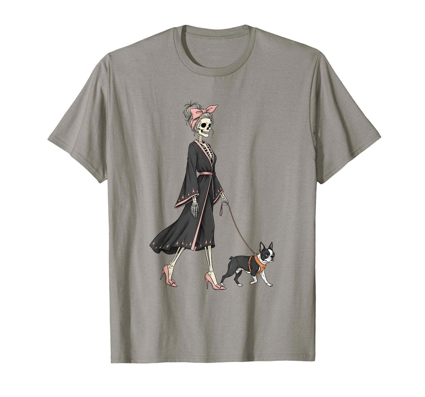 Skeleton Boston Terrier Dog Walking Halloween Women T-Shirt