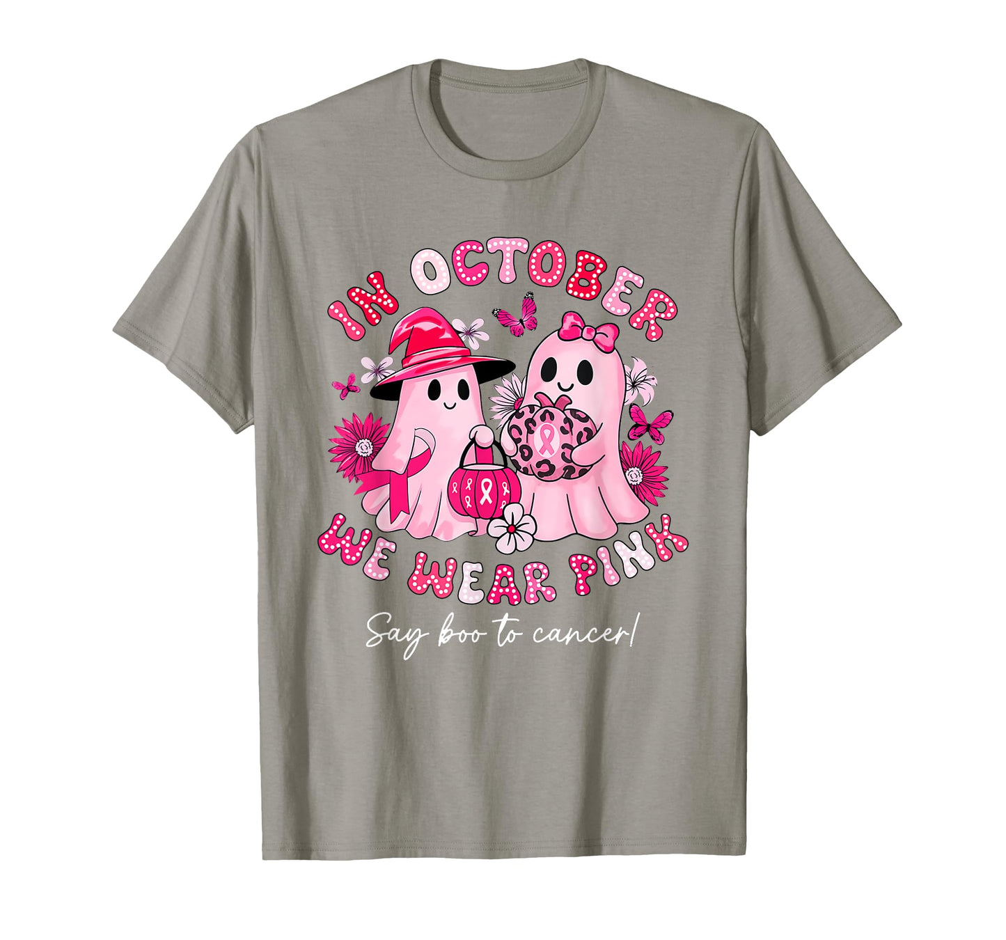 in October We Wear Pink Say Boo to Cancer Halloween Ghost T-Shirt