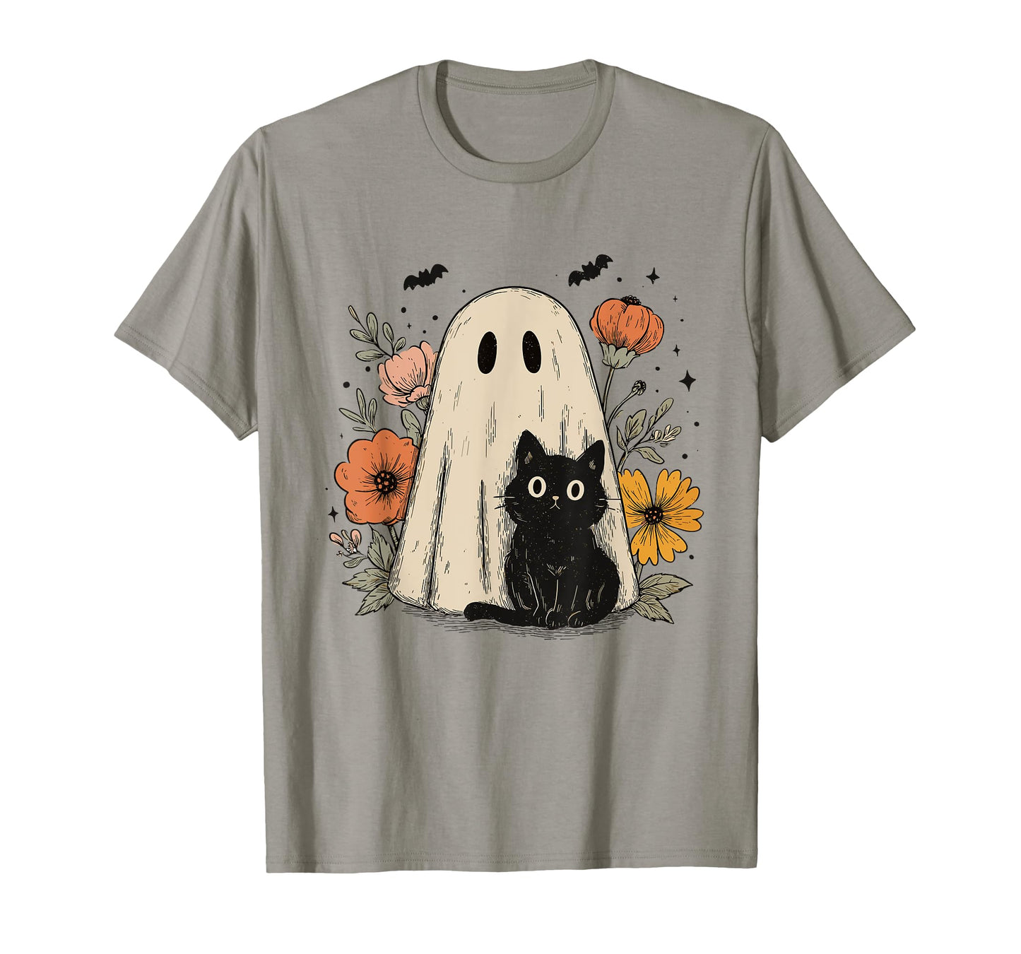 Spooky Vibes Floral Black Cat Ghost Halloween Pumpkin Spooky T-Shirt