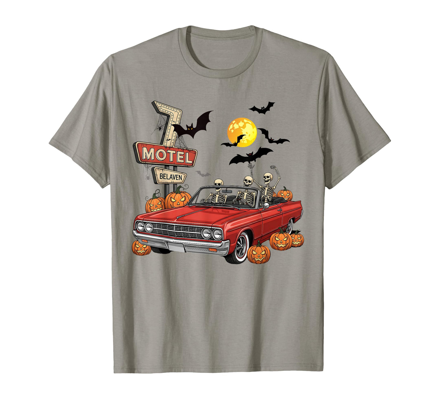 Skeletons Halloween Car Ride with Pumpkins and Moon T-Shirt