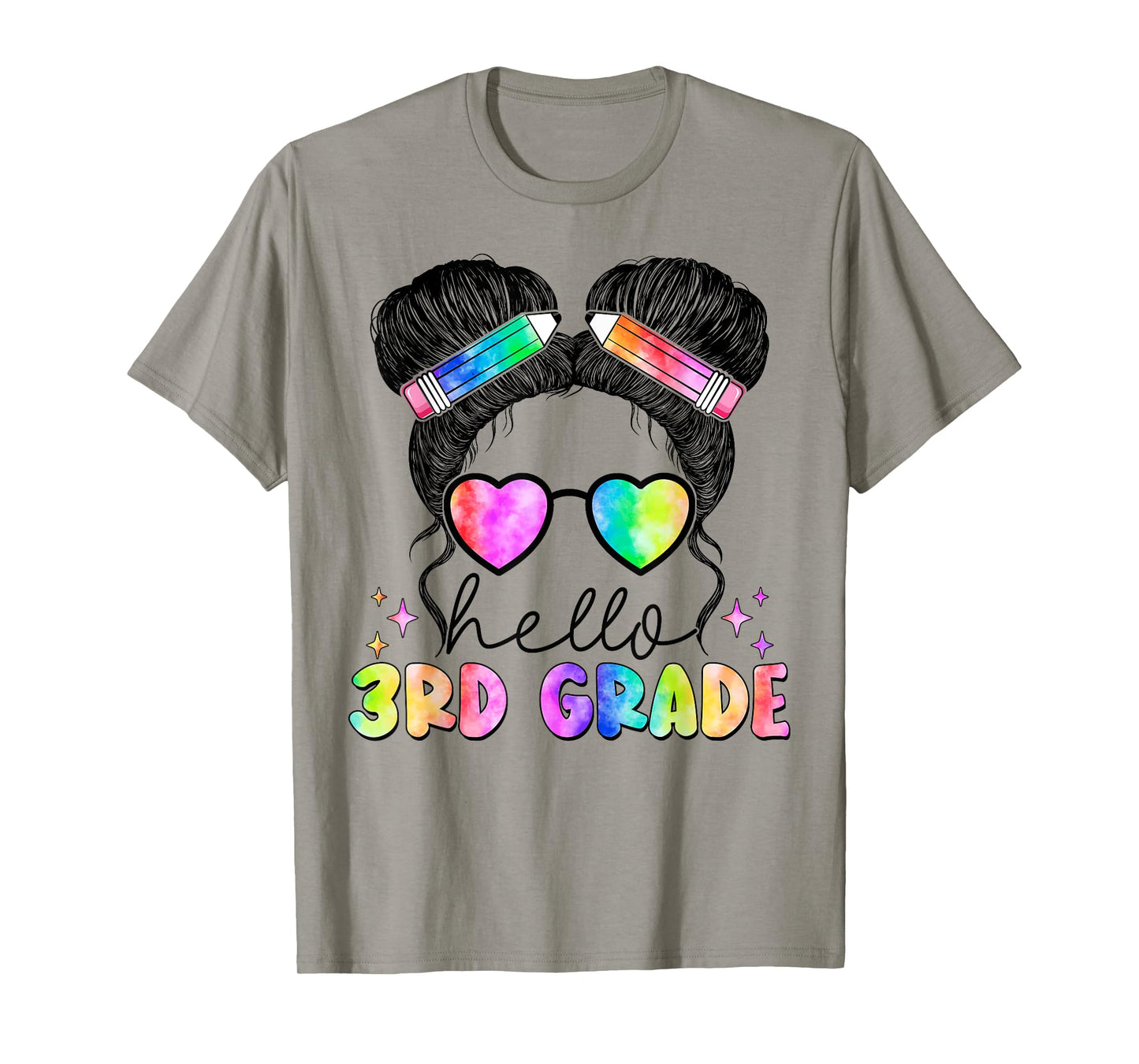 Messy Hair Bun Girl Back To School First Day Hello 3rd Grade T-Shirt