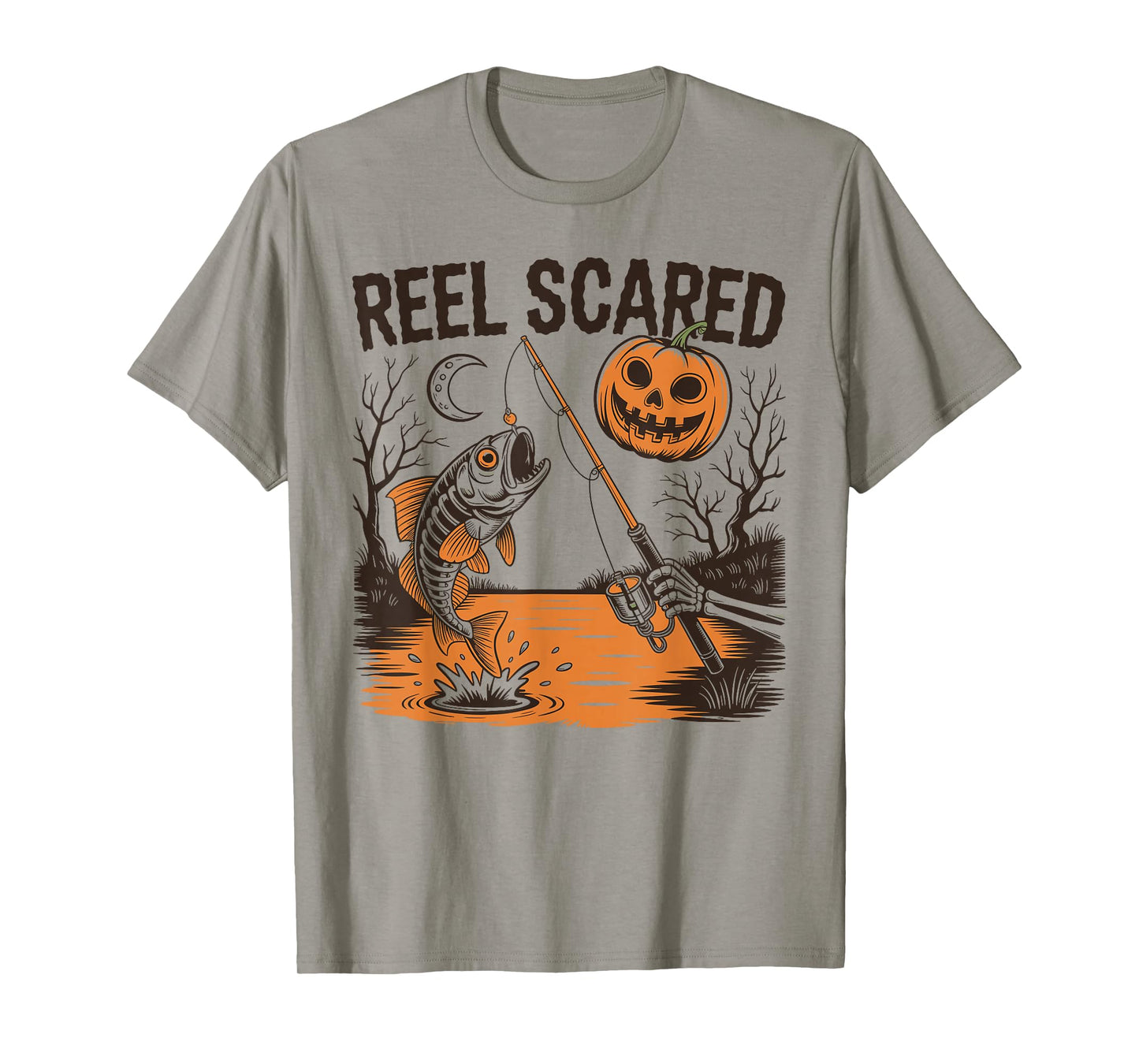Reel Scared Halloween Fishing Skeleton Pumpkin Fish T-Shirt
