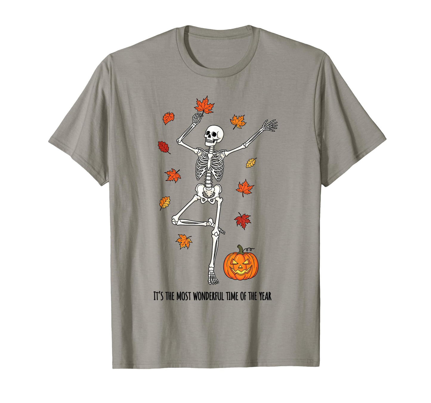 Skeleton Fall Leaves Pumpkin Funny Halloween Season T-Shirt