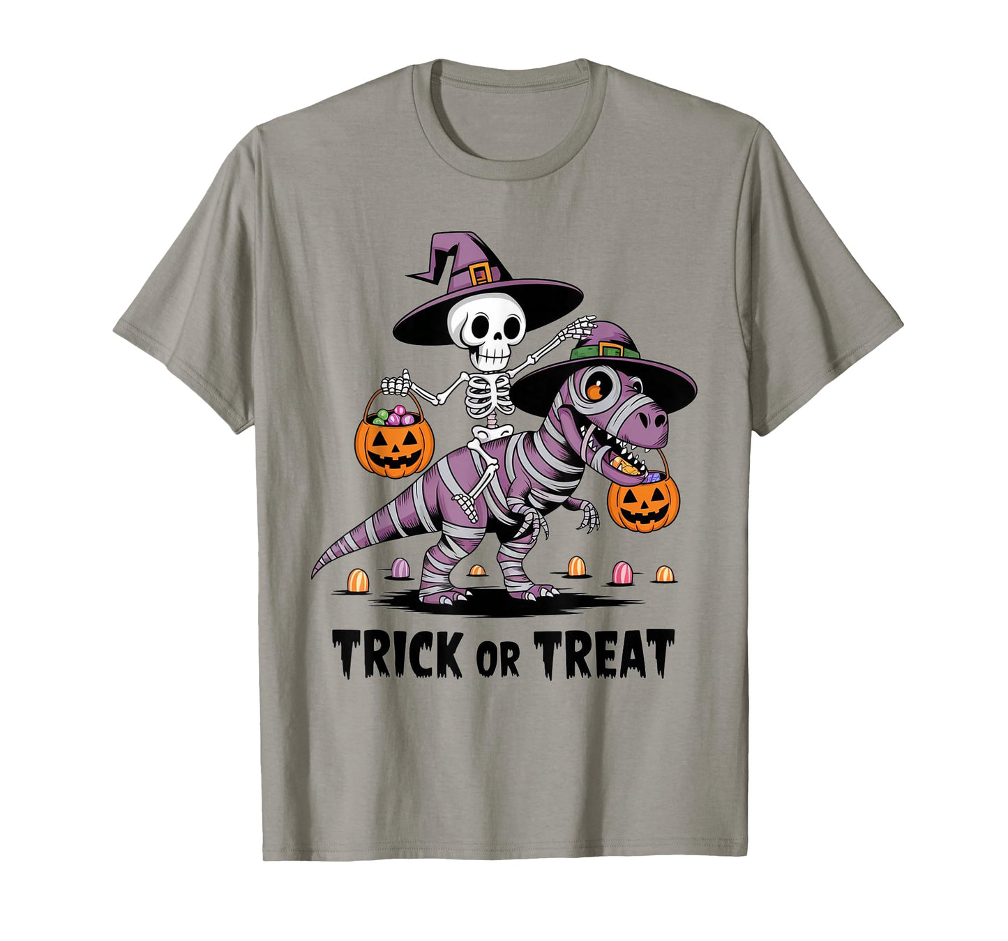 Trick or Treat Halloween Skeleton Riding Mummy Dinosaur Kids T-Shirt