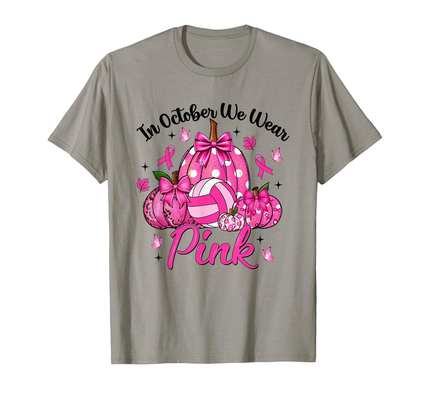 in October We Wear Pink Volleyball Pumpkin Breast Cancer T-Shirt