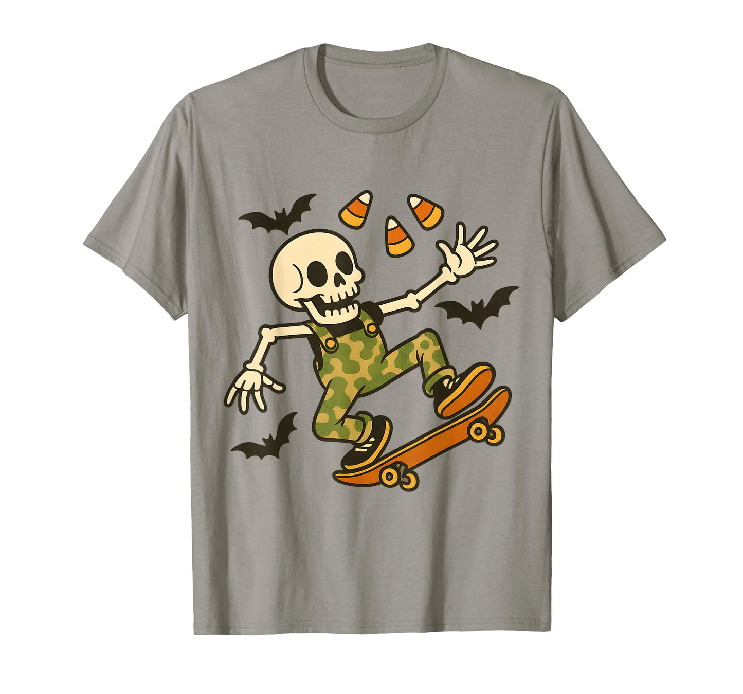 Funny Skeleton Skateboarding Halloween Candy Corn Spooky T-Shirt