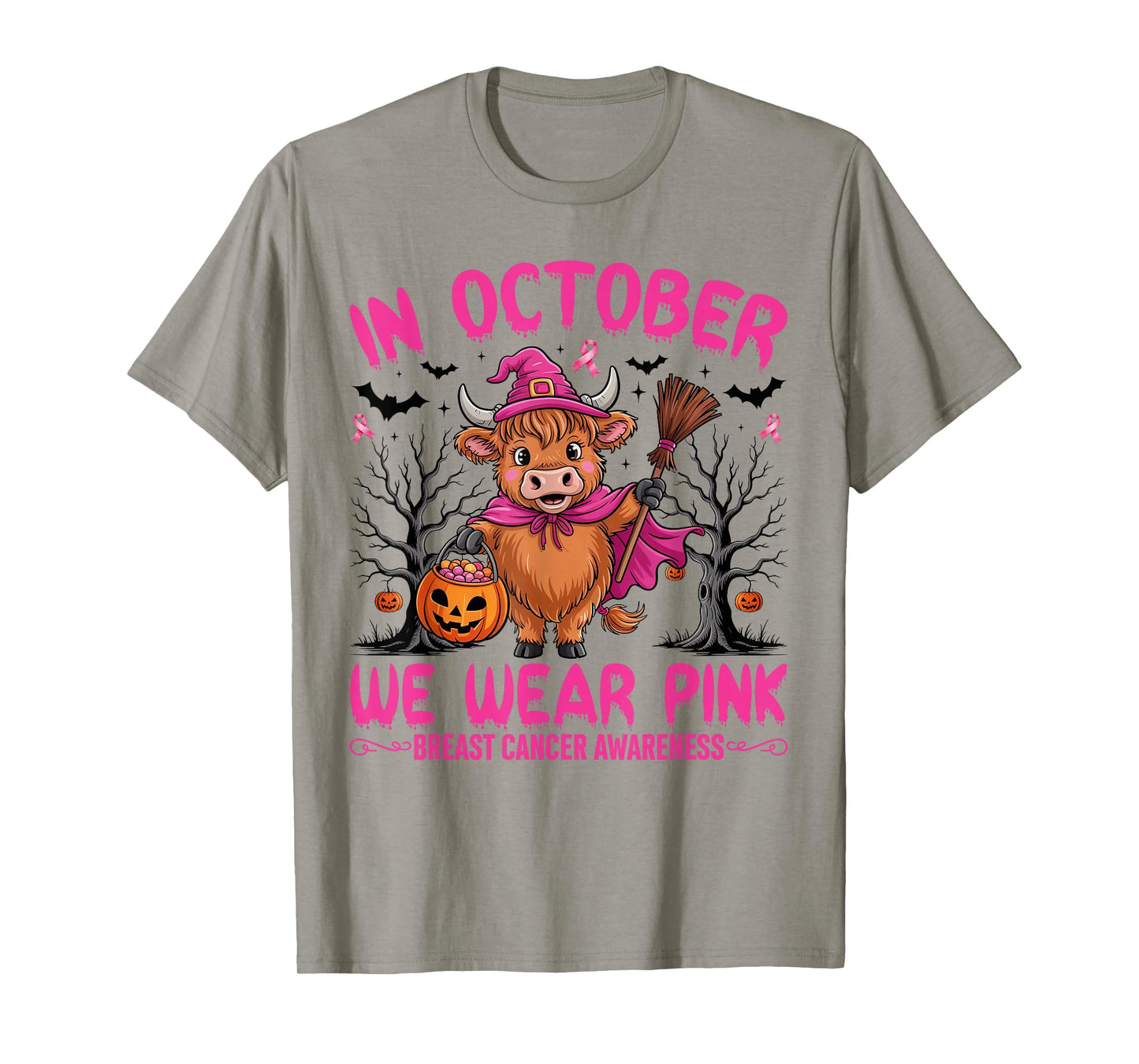 Highland Cow In October We Wear Pink Breast Cancer Halloween T-Shirt