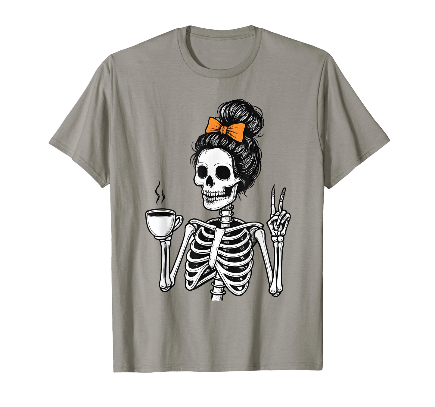 Halloween Skeleton Messy Bun Coffee Funny Spooky Costume T-Shirt