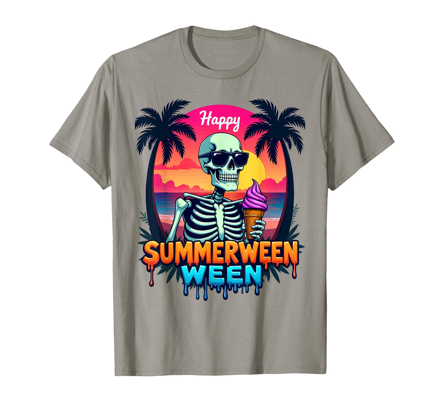 Summer Vacation Tropical Beach Skeleton Happy Summerween T-Shirt