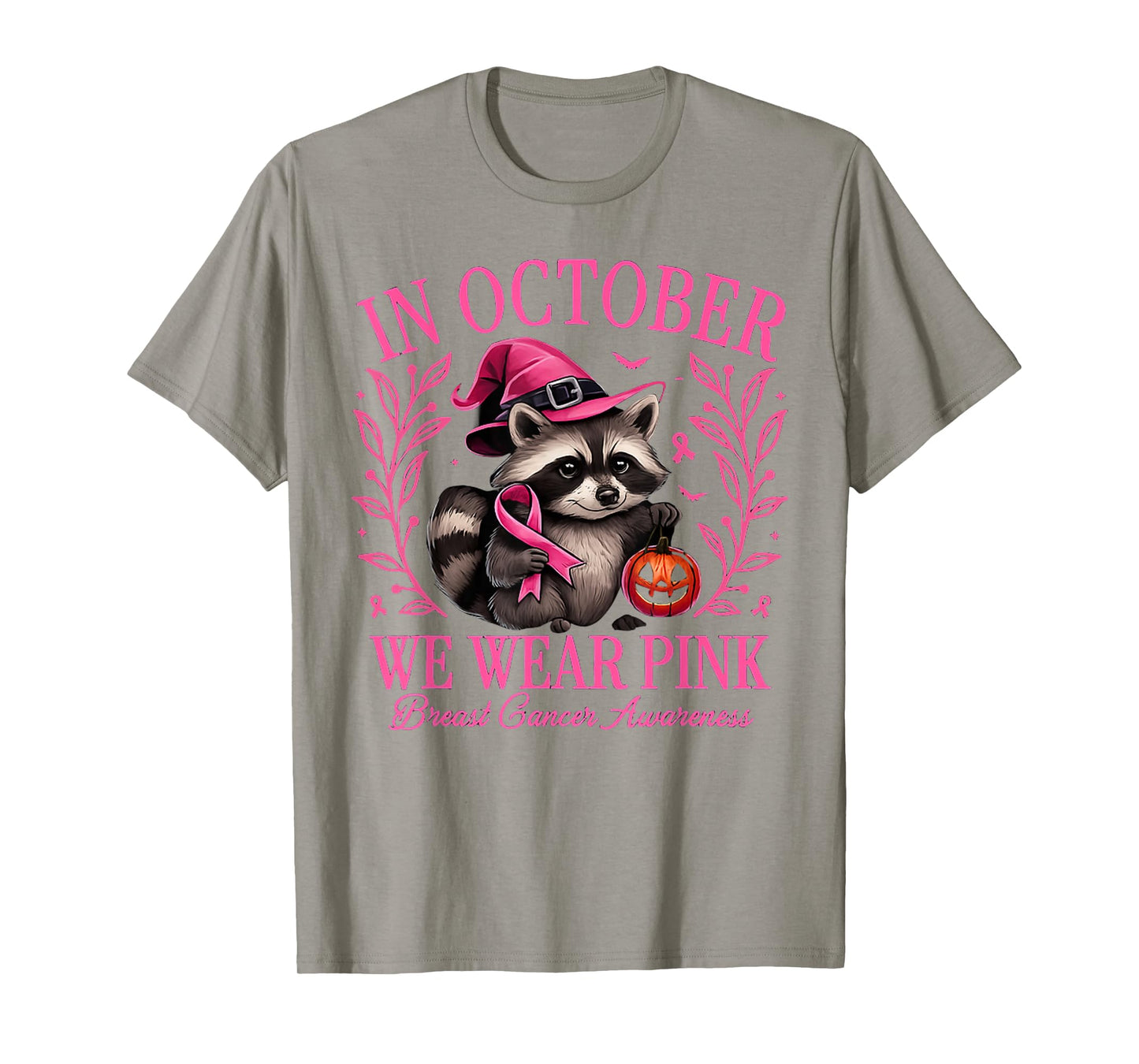 in October We Wear Pink Raccoon Breast Cancer Halloween T-Shirt