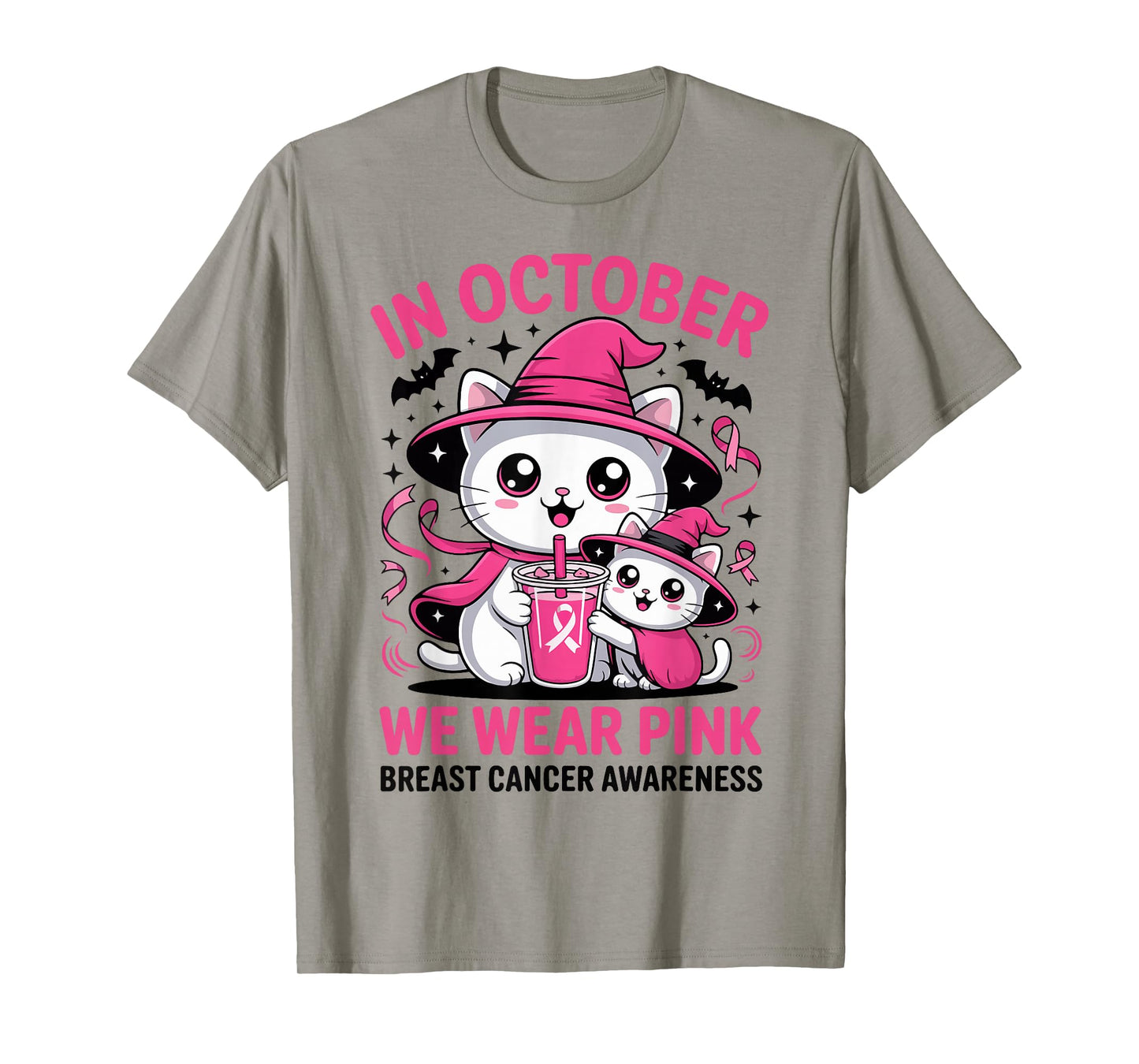 Breast Cancer Halloween Cat in October We Wear Pink T-Shirt