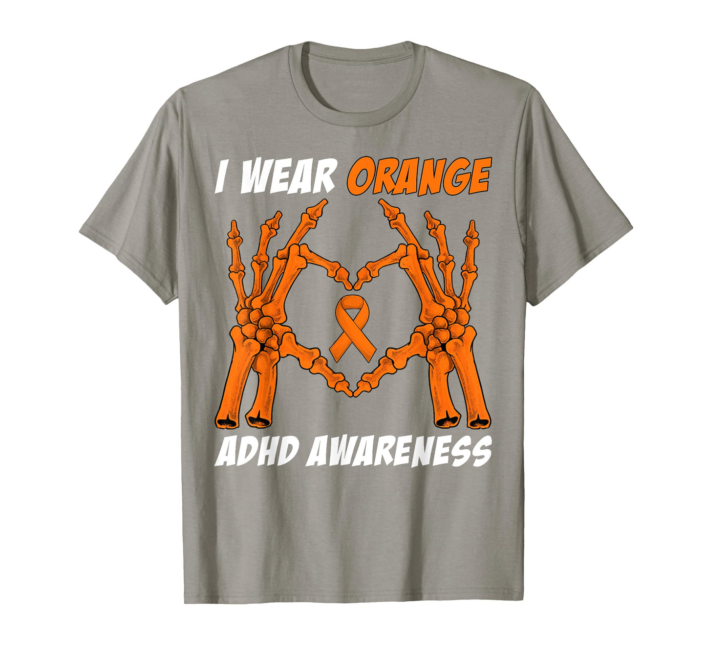 I Wear Orange ADHD Awareness Skeleton Hand Heart Halloween T-Shirt