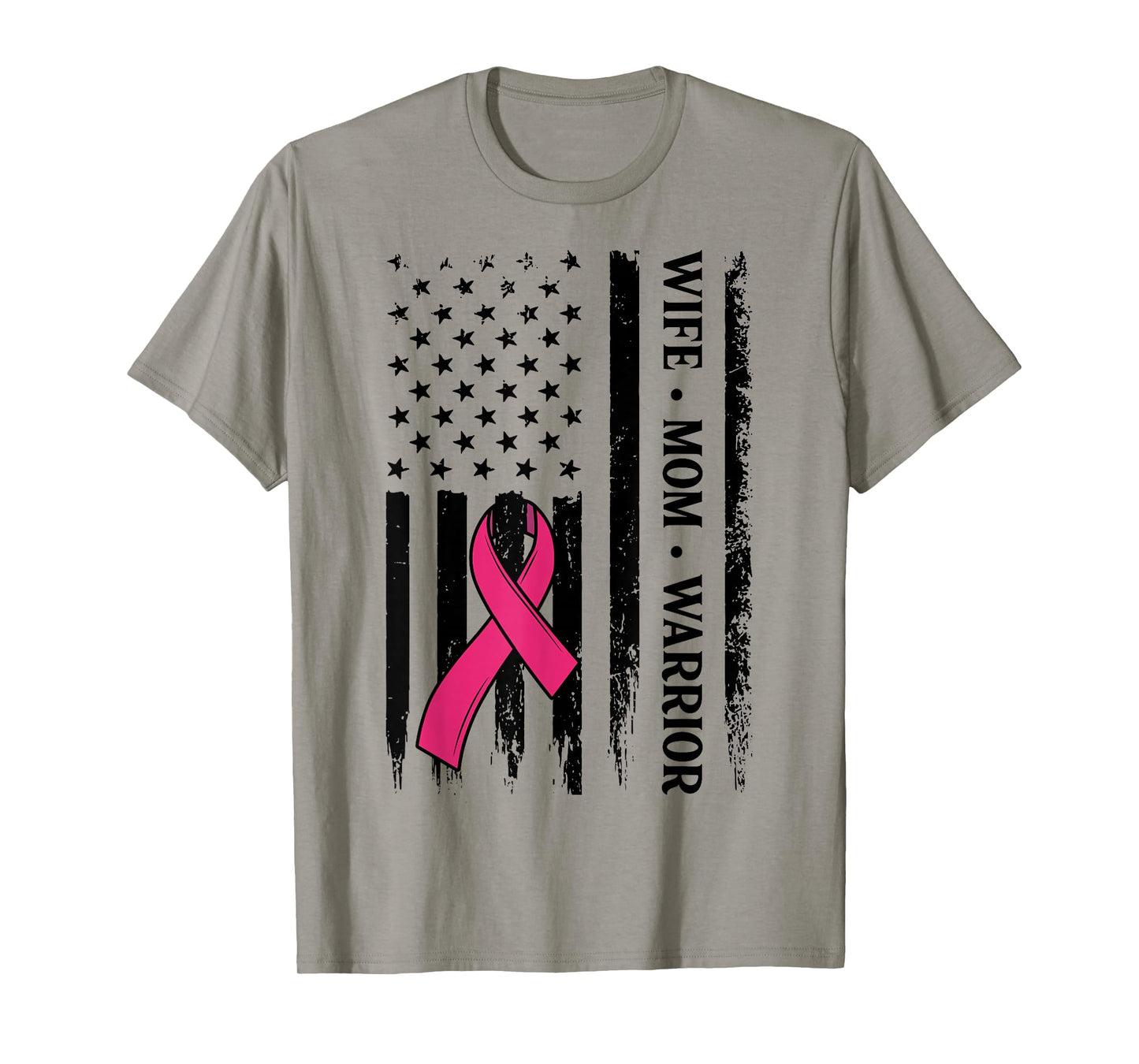 Breast Cancer Awareness Wife Mom Warrior US Flag Pink Ribbon T-Shirt