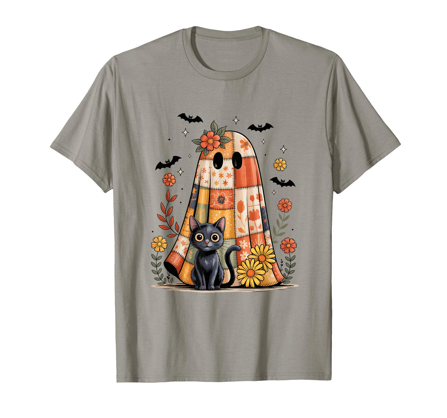 Patchwork Halloween Ghost and Cat Png Retro Spooky Floral T-Shirt
